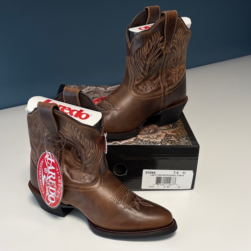 Laredo Tan Leather Short Western Booties with Embroidered Shaft
